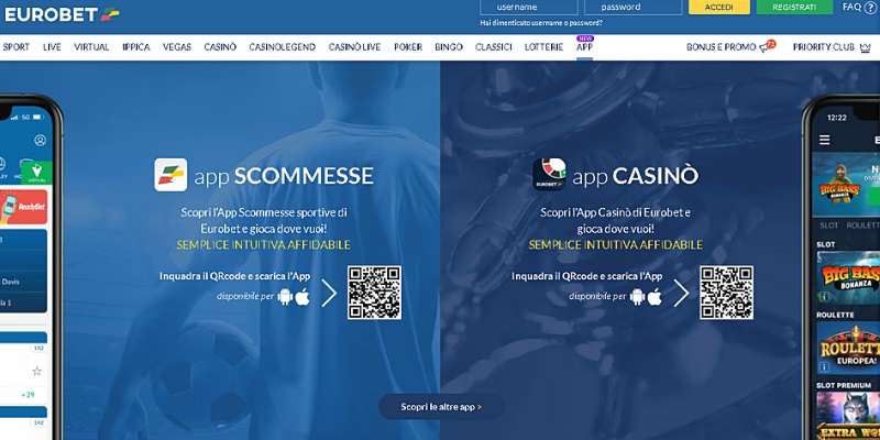 Schermata principale della sezione( App) di Eurobet