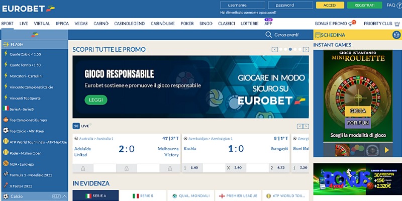 Schermata principale della sezione Sport di (Eurobet)